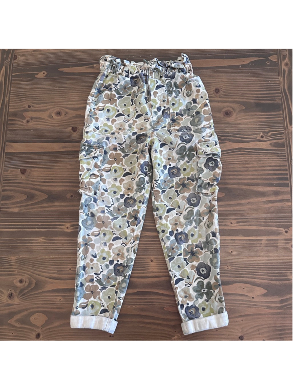 Free Assembly Girls Cargo Pants M 7/8 Floral Green Drawstring